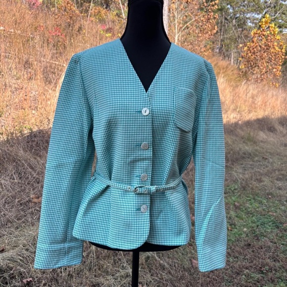 Dalton Jackets & Blazers - vintage 90s Teal green Houndstooth Belted Blazer office siren career CEO size 10